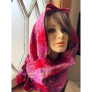 Boho NURBU Hand Made‎ in Nepal Wool Silk Scarf Shawl Wrap Red Purple